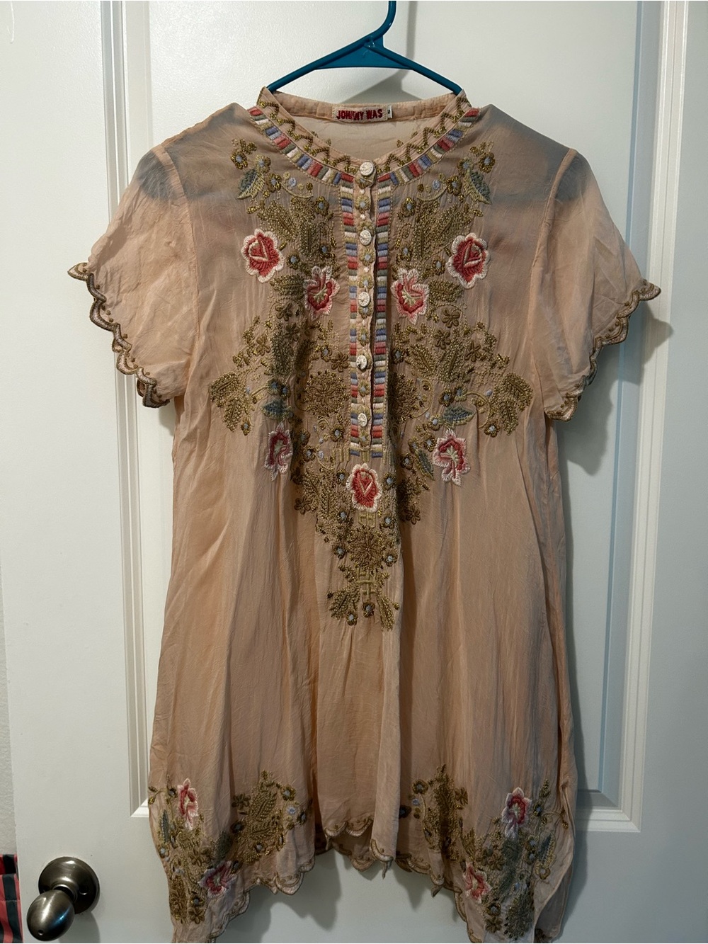 Johnny Was Peach-Pink Embroidered Short Sleeve Tunic